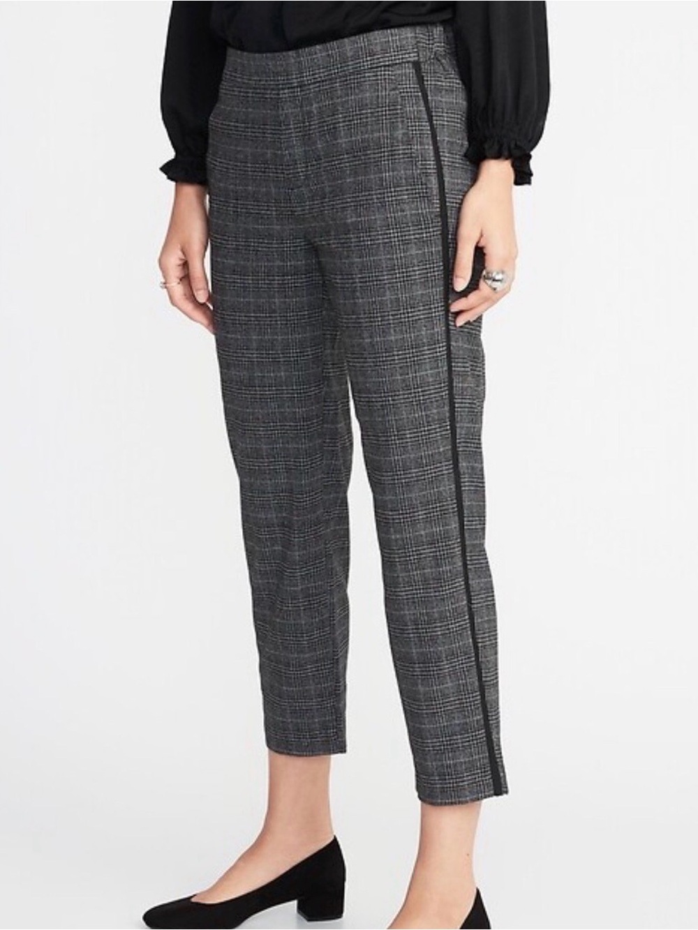 Old Navy Gray Plaid Ankle Trousers Black Side Stripe Slim Straight Pants Size 10
